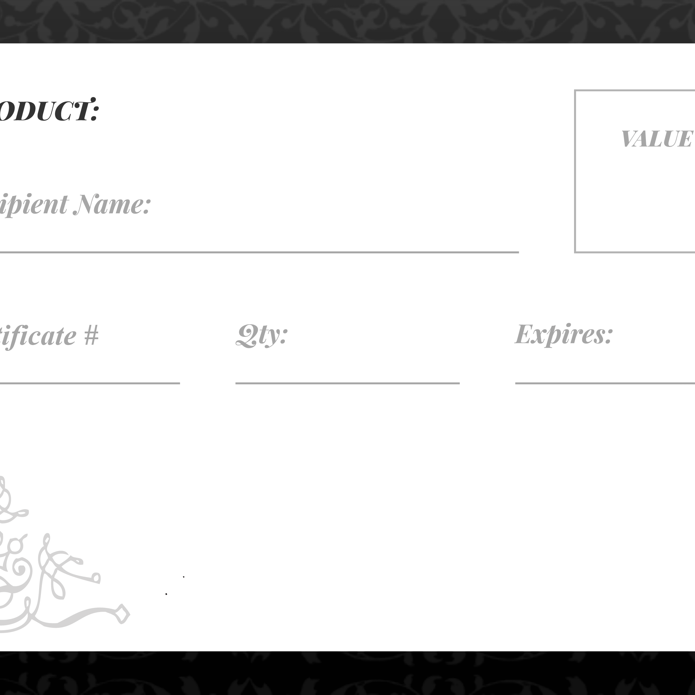 Elegant black and white vintage-style certificate template with floral motifs.