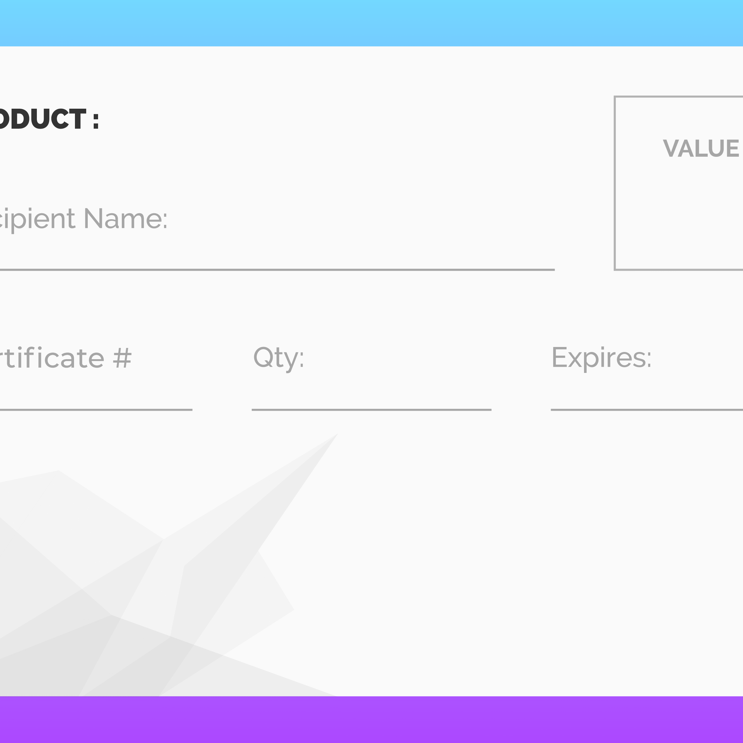 Gift certificate with fields for recipient, certificate number, quantity, and expiration.
